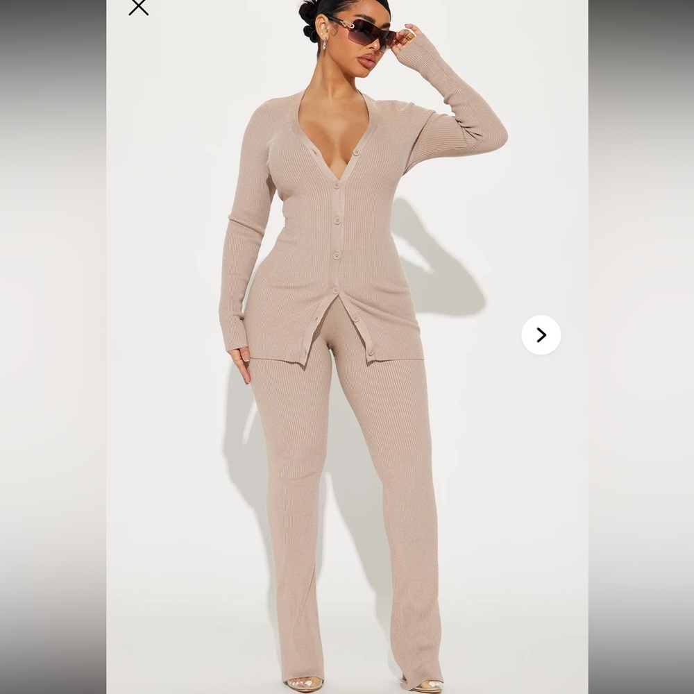 Fashion Nova Taupe Ribbed Button-Front Set
